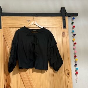 Black Ruffled Sleeve Tie Top Blouse